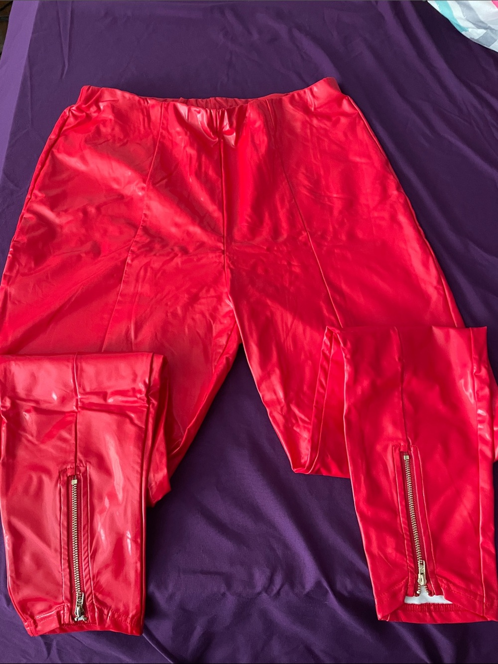 Red Faux Leather Zippered Leggings